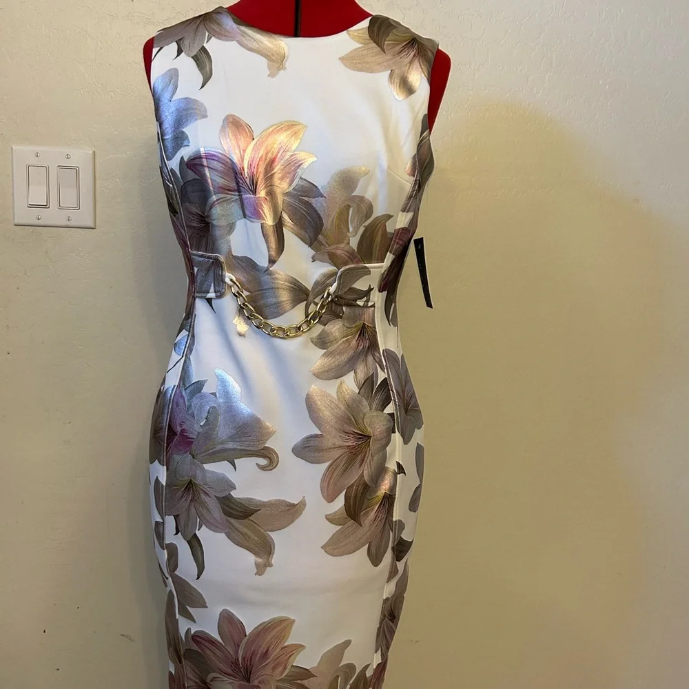 Enfocus Studio Womens Size 8 Ivory Floral Shimmer Lily Chain Sleeveless Dress - Picture 1 of 12